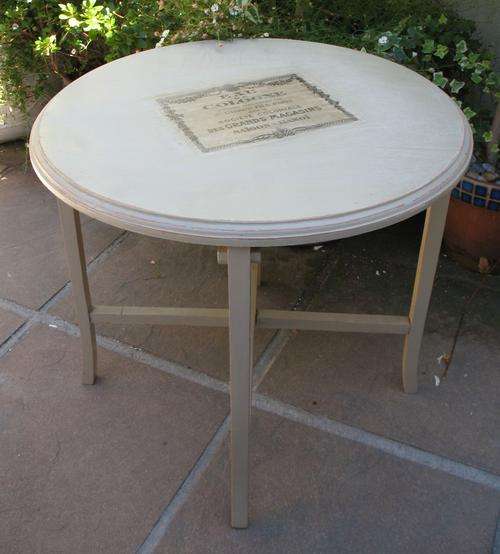 Vintage caramel-coloured painted wooden table with French label