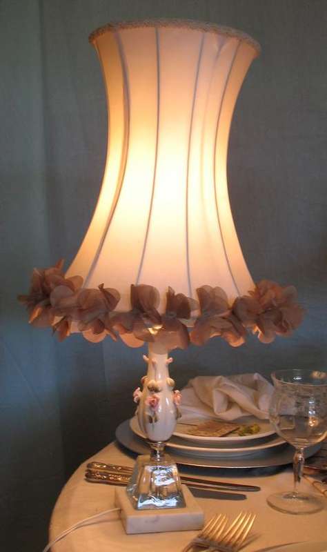 Vintage glass and ceramic white lamp with flouncy silk shade