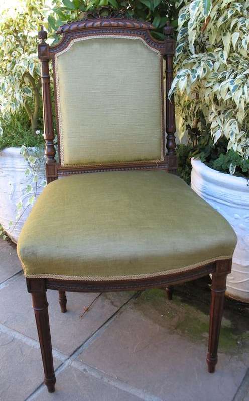 Antique French walnut chair beautiful carving green velvet upholstery