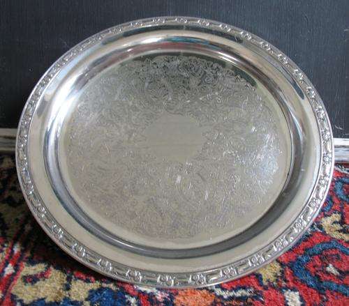 Vintage silver plated etched round tray