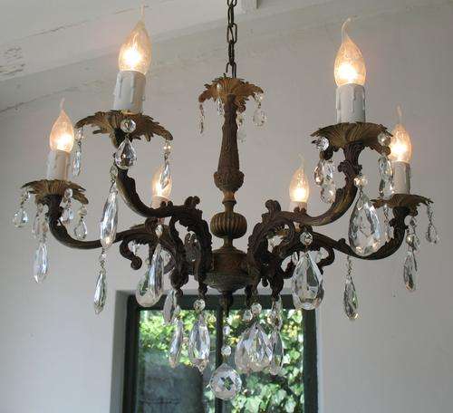 Six light vintage french bronze crystal chandelier