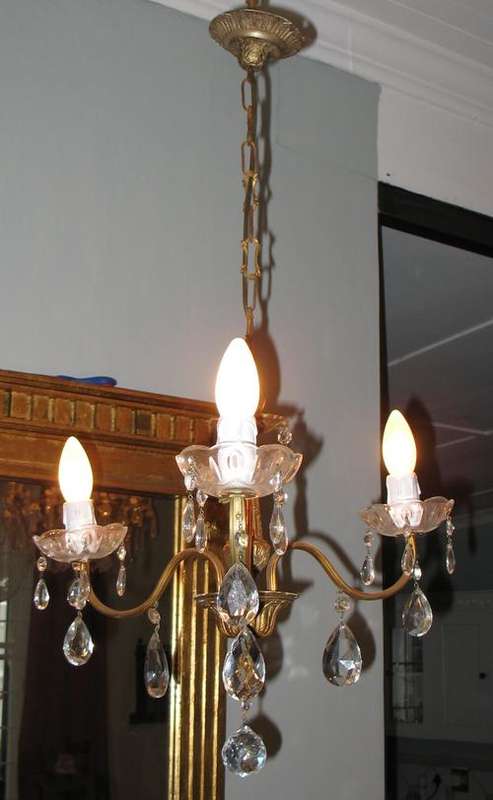 Vintage three light brass and crystal glass chandelier