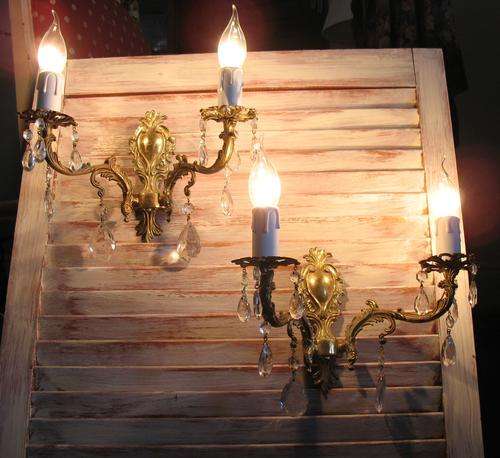 Vintage pair of French brass wall chandeliers sonces with crystal glass