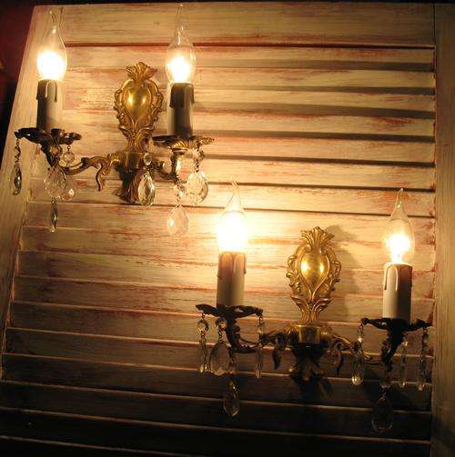 Vintage French pair of matching wall chandeliers / sconces with crystals