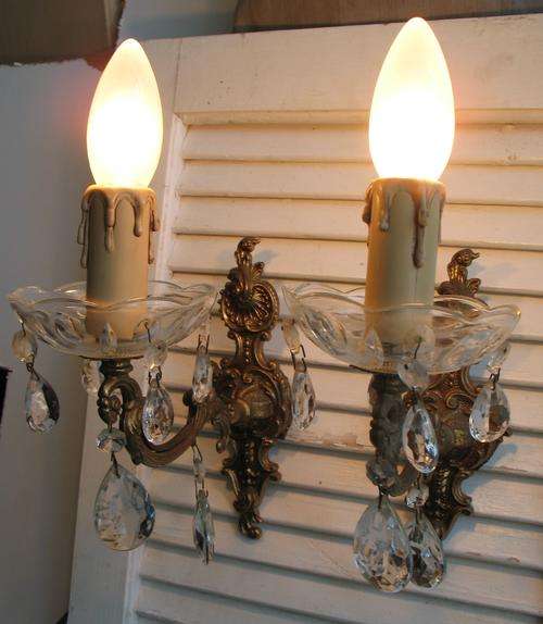 Beautiful pair of vintage French wall chandelier sconces with crystals