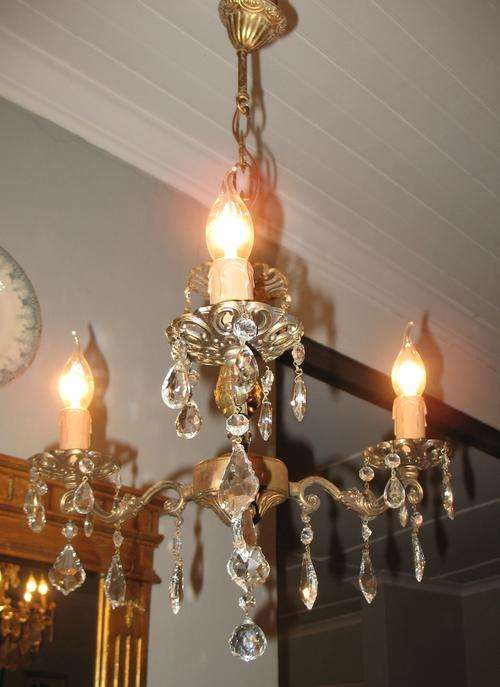 Vintage french three light brass and crystal chandelier