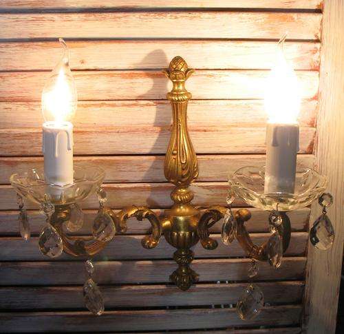 Vintage pair of French bronze wall chandelier / scones with crystals