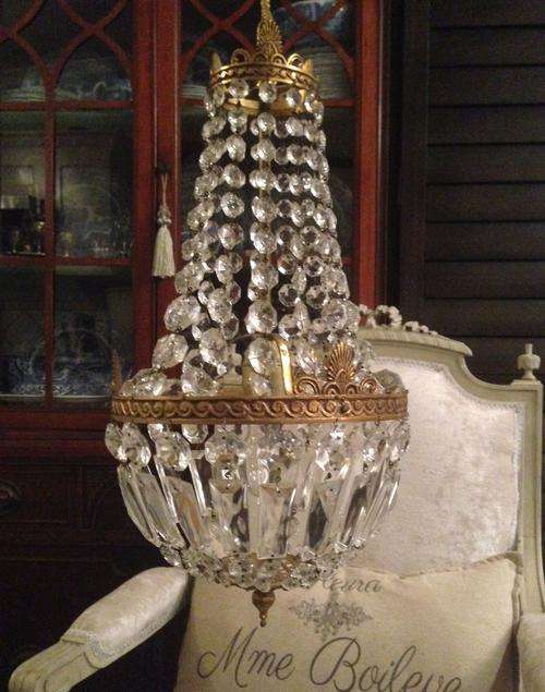 Vintage French crystal and brass balloon chandelier