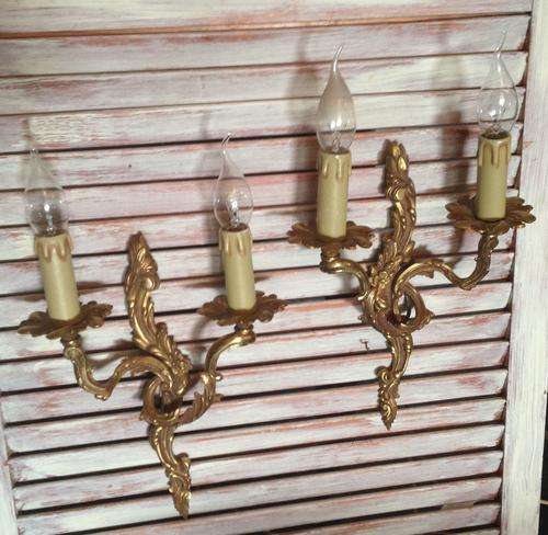 Vintage pair French brass wall lights / sconces
