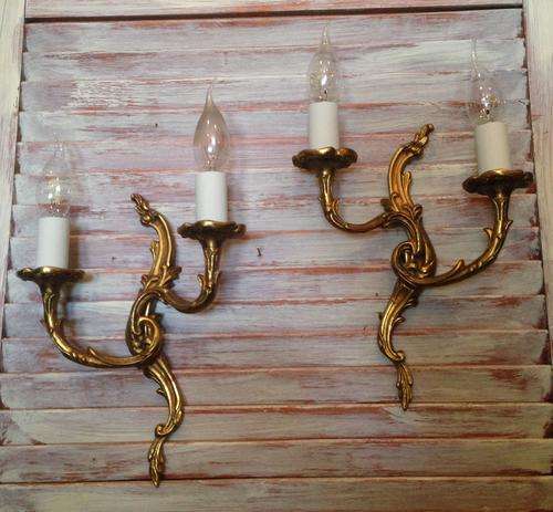 Vintage pair French bronze wall lights / scones