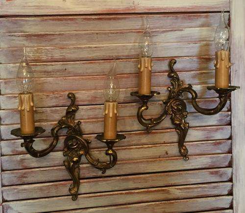 Vintage French pair of bronze rococo baroque wall lights / sconces