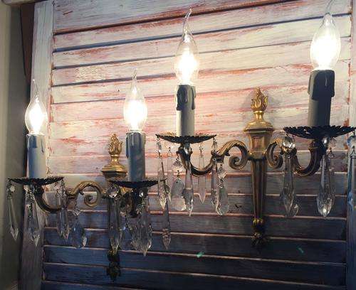 Vintage pair of French brass and crystal glass wall sconces / lights