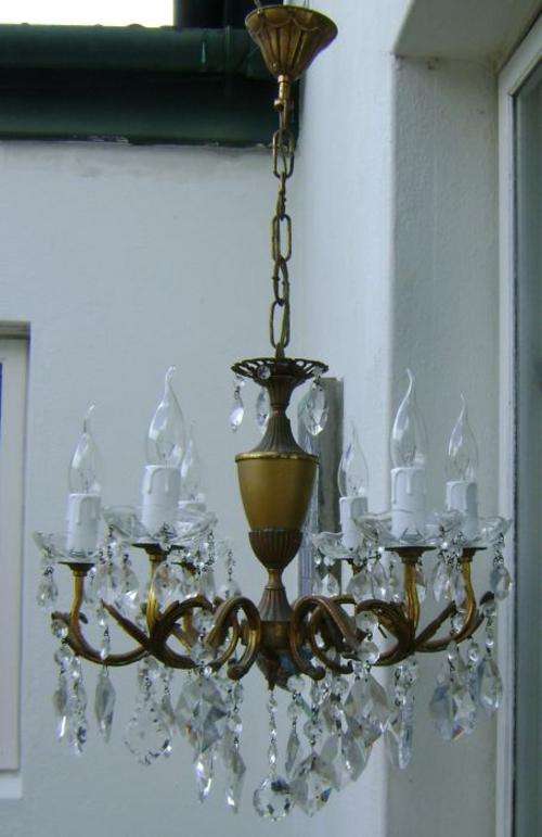 Vintage six light chandelier dripping with glass crystals