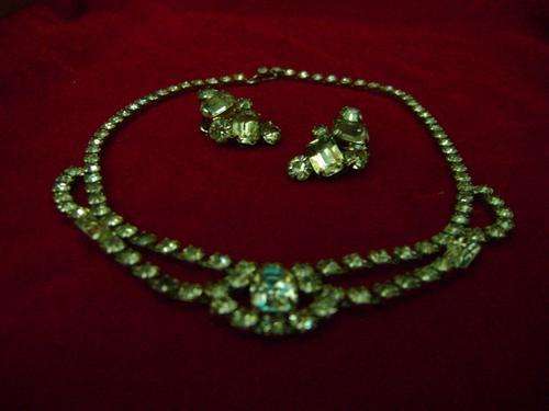 vintage rhinestone necklace and earring set from the 1950's