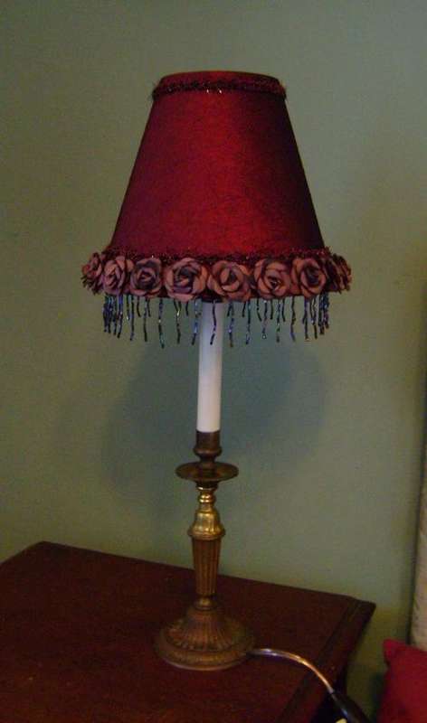 Vintage brass lamp with beaded fringe rose lampshade