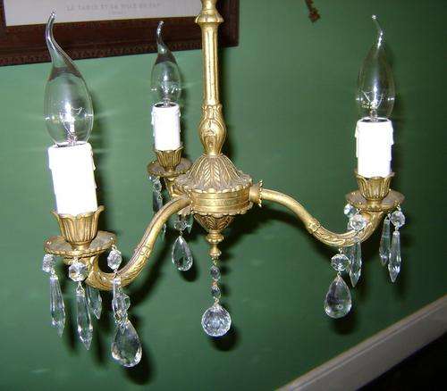Vintage solid brass three light chandelier with crystals