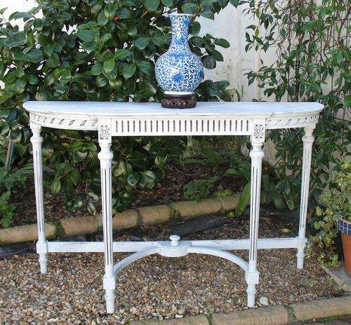 French style shabby chic pale grey/white painted vintage console table with lovely carved detail
