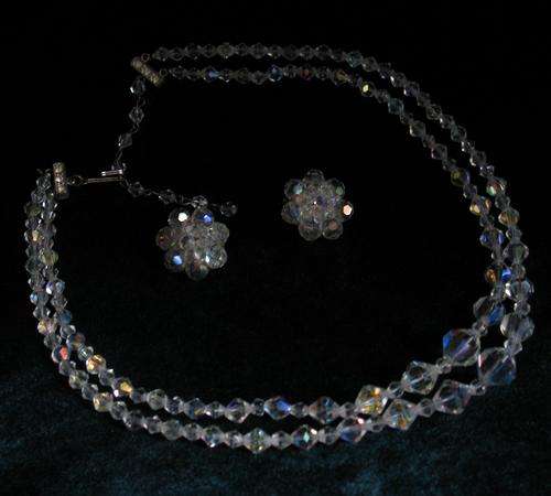 Vintage aurora borealis double strand graduated crystal bead necklace & earrings from the 1950's