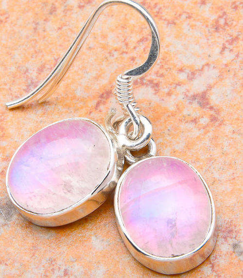 PINK RAINBOW MOONSTONE EARRINGS in SOLID 925 STERLING SILVER.