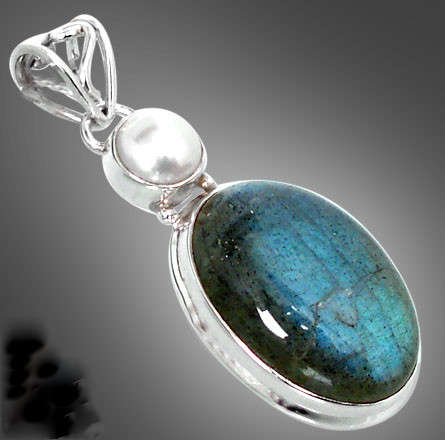Gorgeous! BLUE LABRADORITE & PEARL PENDANT in SOLID 925 STERLING SILVER. 1 5/8 "