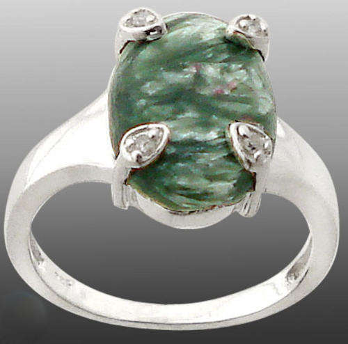 SIZE 7. Genuine DIAMONDS (4) & GREEN SERAPHINITE in SOLID 925 STERLING SILVER.