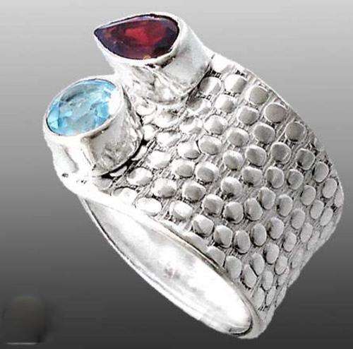 Adjustable 3.21cts. RED GARNET & BLUE TOPAZ in SOLID 925 STERLING SILVER RING.SIZE 8.
