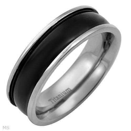 TWO-TONE BLACK & METALLIC TITANIUM RING. SIZE 8
