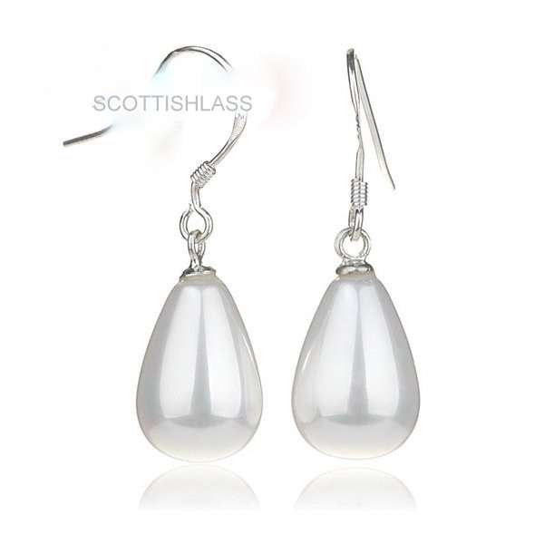 ABSOLUTELY LOVELY!! GENUINE WHITE SHELL PEARL DROP EARRINGS 10X14mm. STERLING SILVER HOOKS.