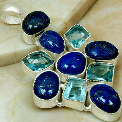 STUNNING !! PENDANT WITH LAPIS LAZULI & BLUE TOPAZ IN SOLID 925 STERLING SILVER. LENGTH 3.1".