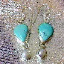 LOVELY TURQUOISE & PEARL EARRINGS IN SOLID 925 STERLING SILVER. 1 1/2 " INCL. DROP