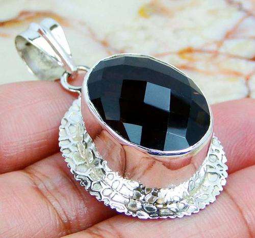 EXQUISITE!!  FACETED SMOKY TOPAZ QUARTZ & SOLID 925 SILVER PENDANT. 50mm.