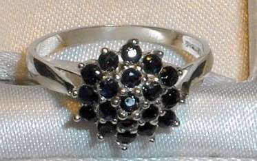 Stunning Genuine BLACK SAPPHIRE CLUSTER RING in SOLID 925 STERLING SILVER. British Hallmarks. Size M