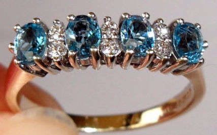 EXQUISITE!! 9CT GOLD RING WITH GENUINE BLUE TOPAZ & DIAMONDS. FULL BRITISH H/M. SIZE O-P