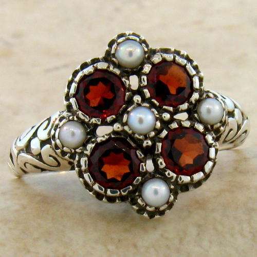 GORGEOUS FILIGREE RING IN SOLID 925 SILVER WITH GENUINE GARNETS & SEED PEARLS. SIZE 6.