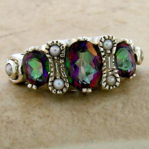 GORGEOUS!! VINTAGE STYLE RING IN **SOLID** 925 SILVER WITH MYSTIC TOPAZ & SEED PEARLS . SIZE 8