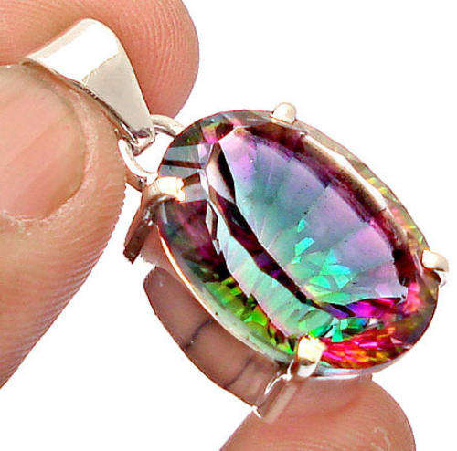 SOLID 925 SILVER PENDANT WITH OVAL MYSTIC TOPAZ. 1 1/8 " {{ Free Chain }}