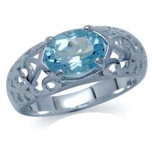 ** REAL Gem! ** SOLID STERLING SILVER FILIGREE RING WITH GENUINE BLUE TOPAZ. SIZE 8 1/2