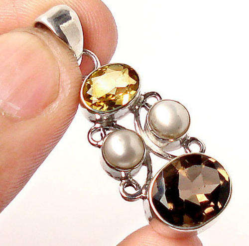 GORGEOUS SMOKEY TOPAZ, CITRINE & PEARL PENDANT in SOLID 925 STERLING SILVER 35mm.