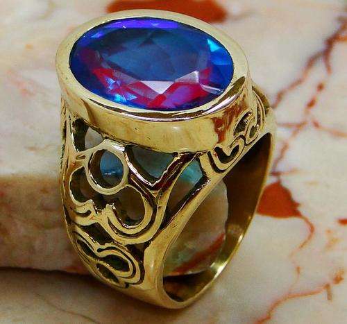 Make a Statement !!! STUNNING RING with BLUE AQUA MYSTIC TOPAZ in SOLID BRASS. Size 9