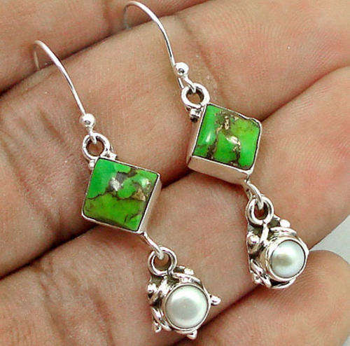GORGEOUS GREEN COPPER TURQUOISE & PEARL DANGLING EARRINGS IN SOLID 925 STERLING SILVER. 1 3/8 inch.