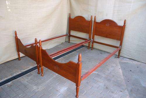 Set of 2 Teak single bed headboard, footends, and frames - no mattress.