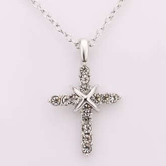 18kgp White gold plated cross pendant necklace with swarovski elements -Antique gold plated