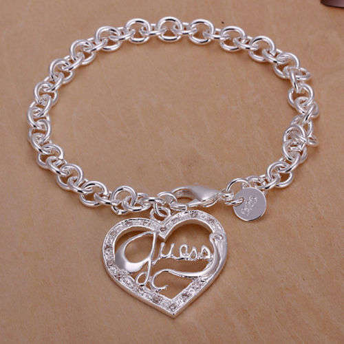 925 Sterling silver plated heart charm bracelet with Guess wording - Stunning
