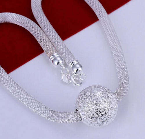 925 Sterling silver plated big round bead pendant & necklace with frosted look detail