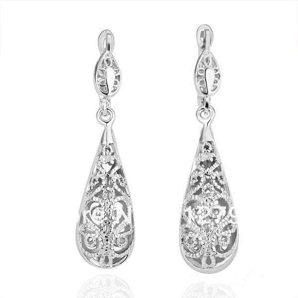 18kgp White gold plated filigree style waterdrop earrings - AAA Quality