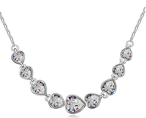 White gold plated Austrian crystals hearts pendant necklace
