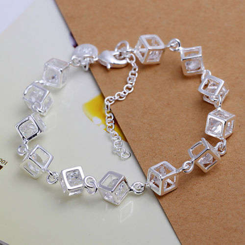 925 Sterling silver plated white crystal cube bracelet - Light weight