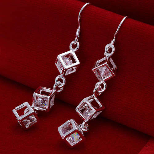 925 Sterling silver plated white crystal cubes earrings - Light weight