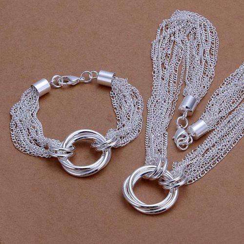 9 Eye catching 925 Sterling silver plated multi strand circles pendant necklace & bracelet set