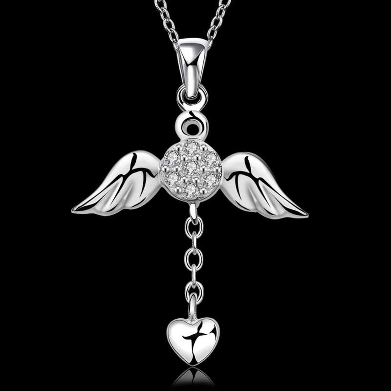 925 Sterling silver plated Angel wings & heart pendant comes with a free necklace